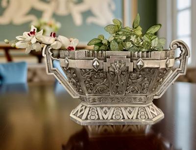 Silver Art Deco Jardiniere Bronze Bowl with Modernist Detailing
