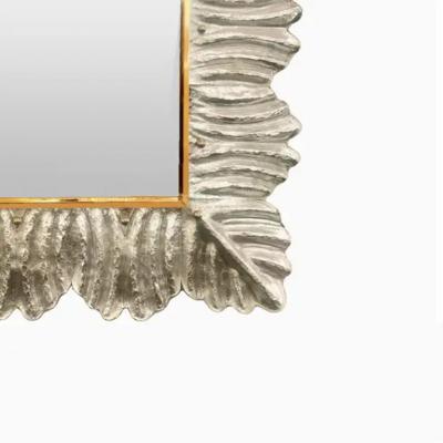 Silver Leafed Murano Glass Leaf Motif Mirror With Brass Studs
