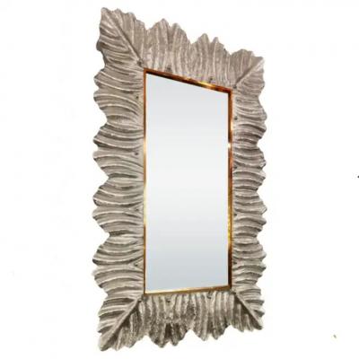Silver Leafed Murano Glass Leaf Motif Mirror With Brass Studs