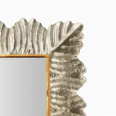 Silver Leafed Murano Glass Leaf Motif Mirror With Brass Studs