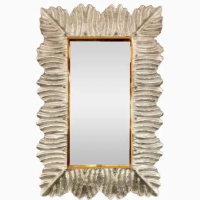 Silver Leafed Murano Glass Leaf Motif Mirror With Brass Studs