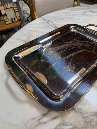 Silver Plated Serving Tray with Golden Floral Etching