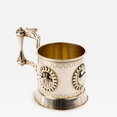 Silver Tea Glass Holder With Relief Medallions In The Neo Russian Style 
