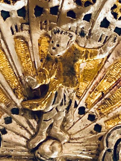 Silver and Gold Leaf Decorator Wall Mirror Having a Web Design and Dancing Bear