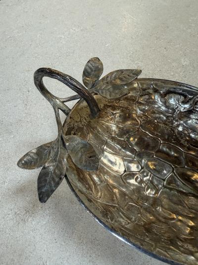 Silvered Metal Botanical Bowl with Branch Handle 1970s