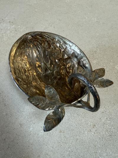 Silvered Metal Botanical Bowl with Branch Handle 1970s