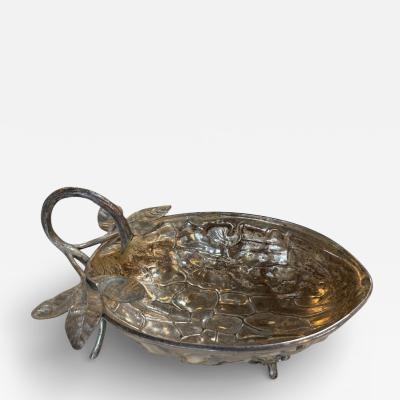 Silvered Metal Botanical Bowl with Branch Handle 1970s