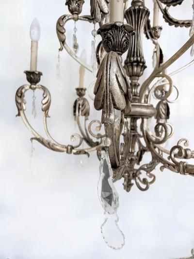 Silvered Wrought Iron Crystal 9 Arm Chandelier Original Canopy