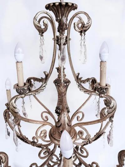 Silvered Wrought Iron Crystal 9 Arm Chandelier Original Canopy