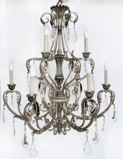 Silvered Wrought Iron Crystal 9 Arm Chandelier Original Canopy