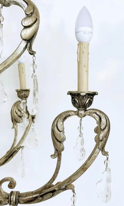 Silvered Wrought Iron Crystal 9 Arm Chandelier Original Canopy