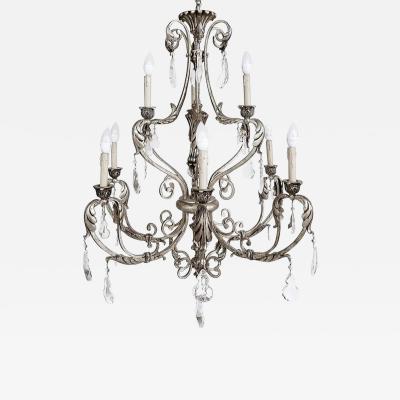Silvered Wrought Iron Crystal 9 Arm Chandelier Original Canopy