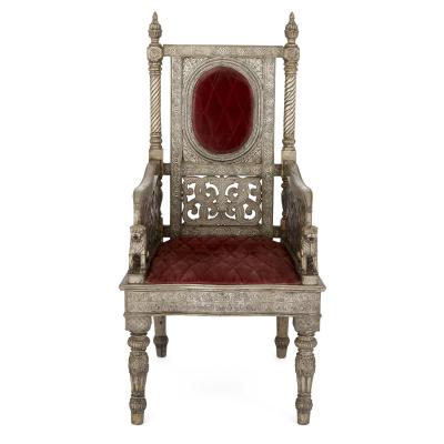 Silvered metal and red velvet throne chair