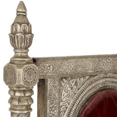 Silvered metal and red velvet throne chair