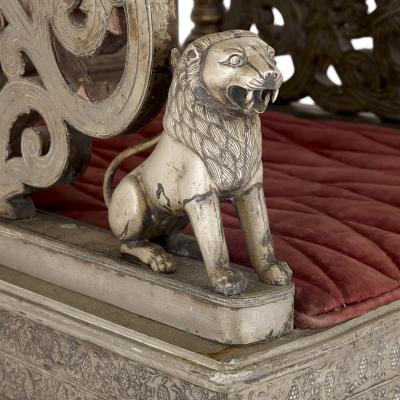 Silvered metal and red velvet throne chair