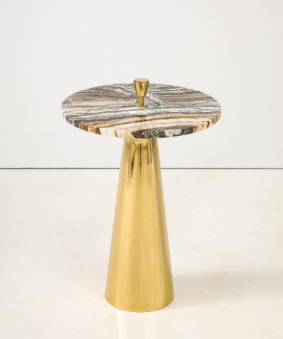 Single Round Brown Hue Onyx Marble and Brass Side Martini Table Italy 25 H