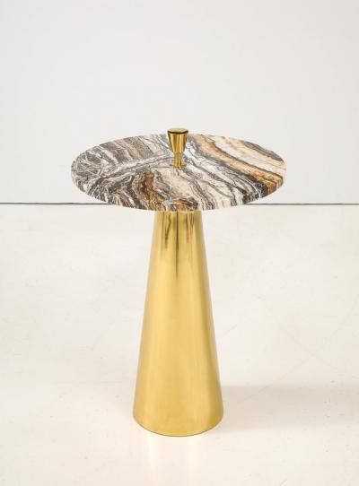 Single Round Brown Hue Onyx Marble and Brass Side Martini Table Italy 25 H