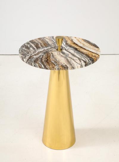 Single Round Brown Hue Onyx Marble and Brass Side Martini Table Italy 25 H