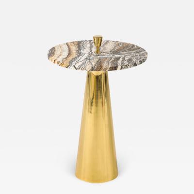 Single Round Brown Hue Onyx Marble and Brass Side Martini Table Italy 25 H