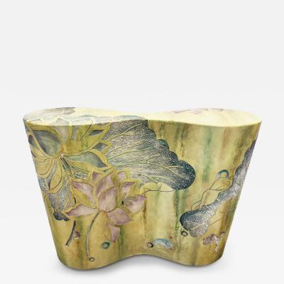 Sinuous Biomorphic Bentwood Carved Console Table Asian Floral Painted Details