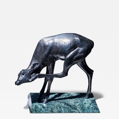 Sirio Tofanari Naturalistic Silver Doe Sculpture by Sirio Tofanari 1886 1969 on Marble Base