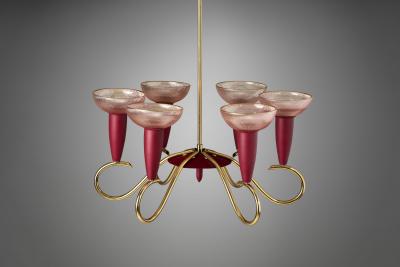 Six Arm Brass and Metal Chandelier Scandinavia 1960s