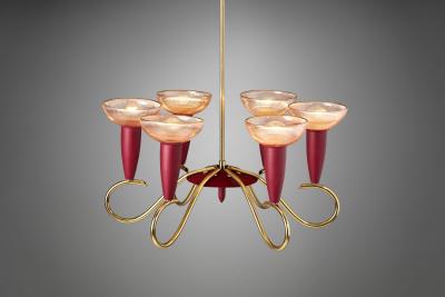 Six Arm Brass and Metal Chandelier Scandinavia 1960s