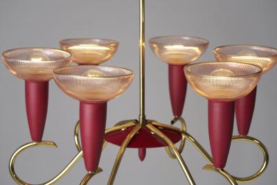 Six Arm Brass and Metal Chandelier Scandinavia 1960s