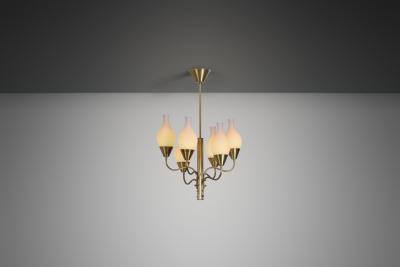 Six Arm Brass and Opal Glass Chandelier Sweden ca 1950s