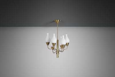 Six Arm Brass and Opal Glass Chandelier Sweden ca 1950s