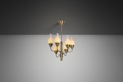 Six Arm Brass and Opal Glass Chandelier Sweden ca 1950s