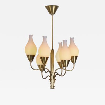 Six Arm Brass and Opal Glass Chandelier Sweden ca 1950s