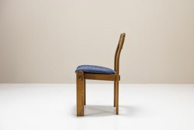 Six Brutalist Dining Chairs in Oak and Blue Upholstery Germany 1960s