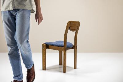 Six Brutalist Dining Chairs in Oak and Blue Upholstery Germany 1960s