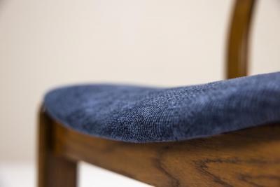 Six Brutalist Dining Chairs in Oak and Blue Upholstery Germany 1960s