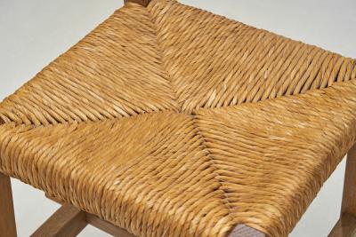 Six Brutalist Dining Chairs with Rush Seats Europe ca 1960s