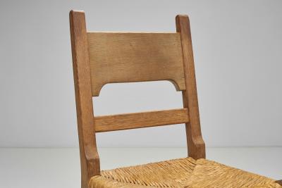 Six Brutalist Dining Chairs with Rush Seats Europe ca 1960s