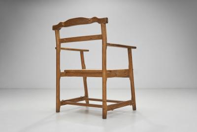 Six Brutalist Solid Oak Dining Chairs with Upholstered Cushions Europe 1960s