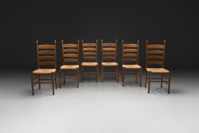 Six Ladderback Beech Dining Chairs with Woven Seats Europe Mid 20th Century