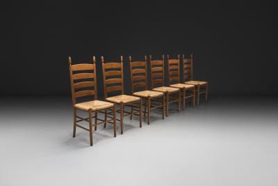 Six Ladderback Beech Dining Chairs with Woven Seats Europe Mid 20th Century
