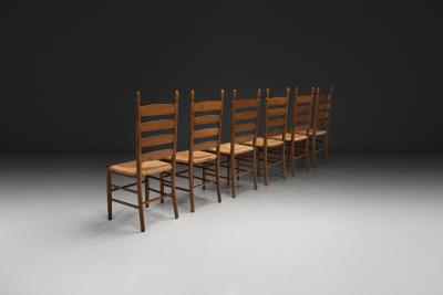 Six Ladderback Beech Dining Chairs with Woven Seats Europe Mid 20th Century
