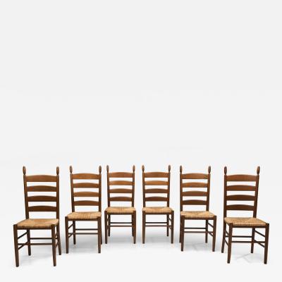 Six Ladderback Beech Dining Chairs with Woven Seats Europe Mid 20th Century