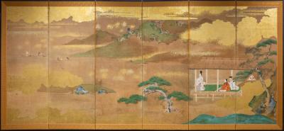 Six Panel Screen Glorious Painting of Lord Genji Gazing Out Over Lake Biwa