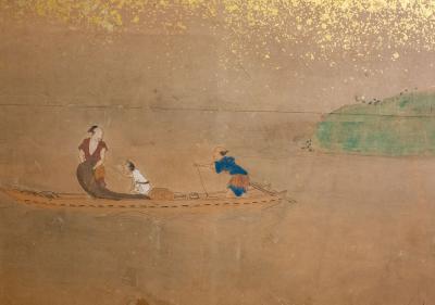 Six Panel Screen Glorious Painting of Lord Genji Gazing Out Over Lake Biwa