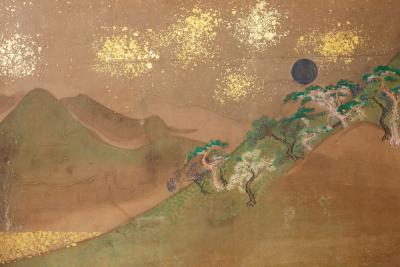 Six Panel Screen Glorious Painting of Lord Genji Gazing Out Over Lake Biwa