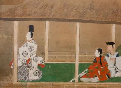 Six Panel Screen Glorious Painting of Lord Genji Gazing Out Over Lake Biwa