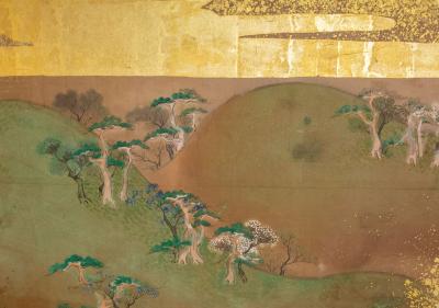 Six Panel Screen Glorious Painting of Lord Genji Gazing Out Over Lake Biwa