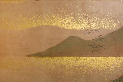 Six Panel Screen Glorious Painting of Lord Genji Gazing Out Over Lake Biwa