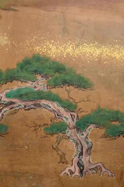 Six Panel Screen Glorious Painting of Lord Genji Gazing Out Over Lake Biwa