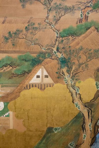 Six Panel Screen Glorious Painting of Lord Genji Gazing Out Over Lake Biwa